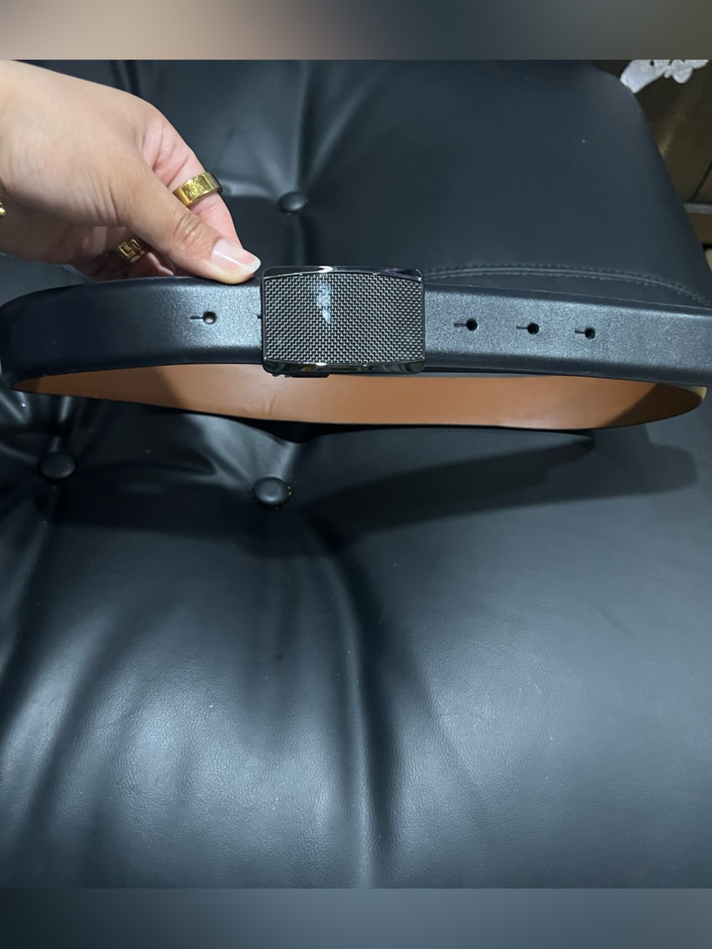 Perry Ellis Black Belt with Tan Lining and Textured Gunmetal Buckle reversible